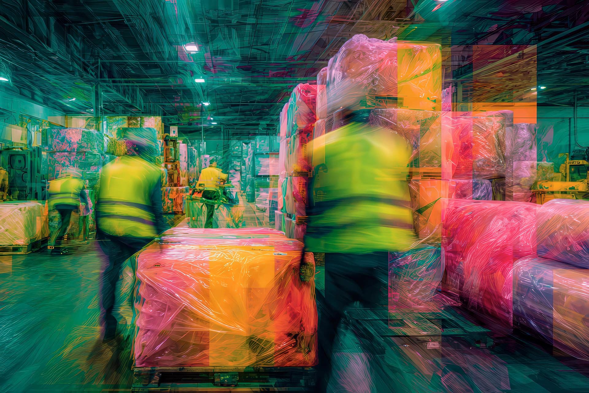 Operatori al lavoro con rotoli di sacchetti PratiPack in un ambiente industriale