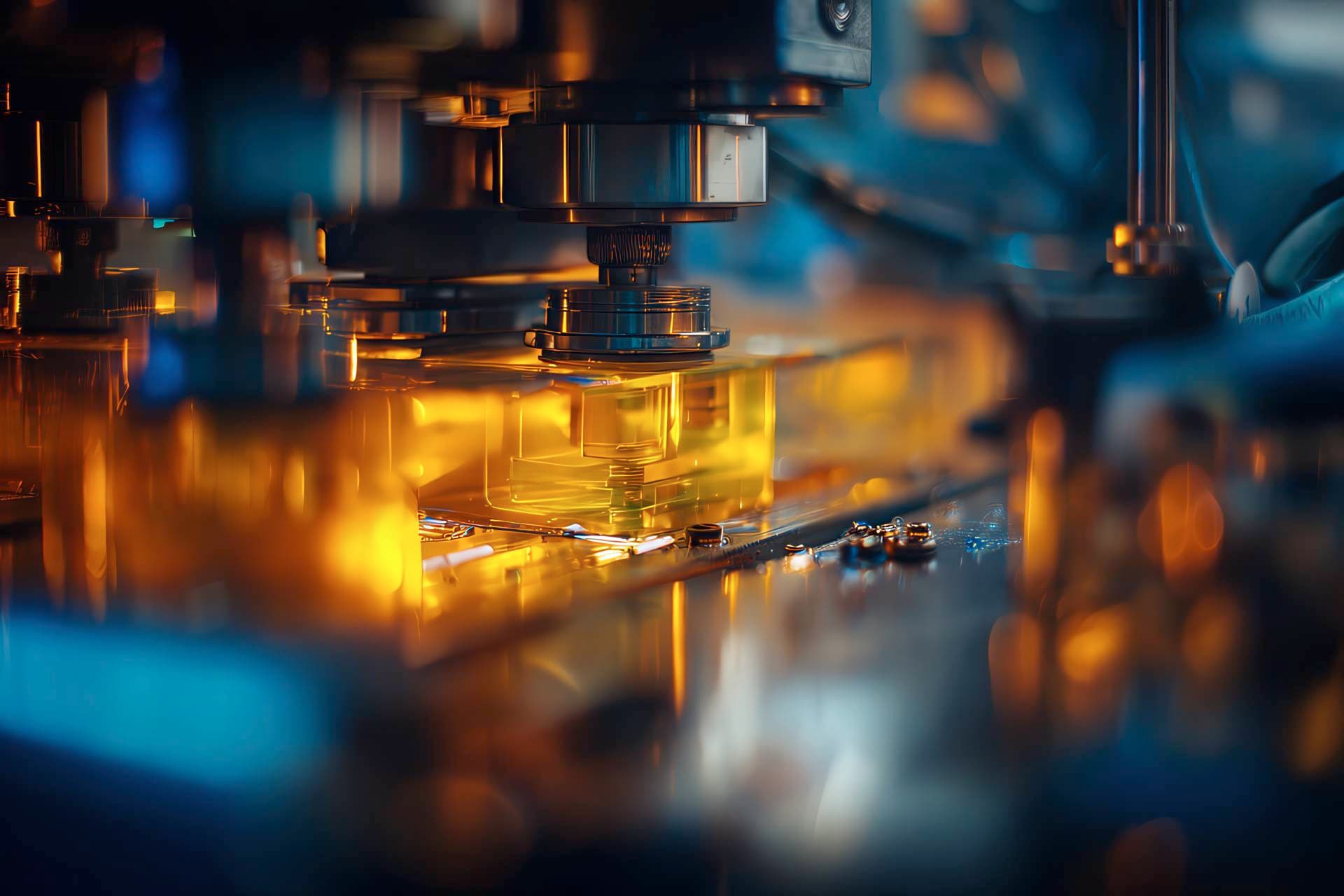 Macro dettagliata di un estrusore bioplastico con sensori di controllo qualità
