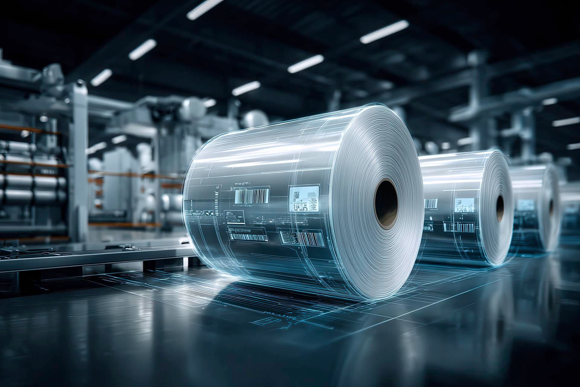 Ambiente industriale con dati legali sovrapposti a bobine compostabili e catene polimeriche trasparenti