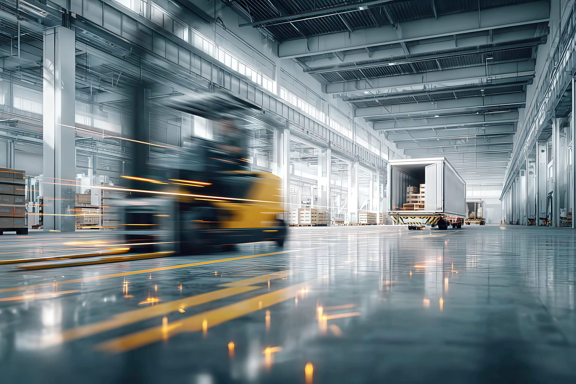 Muletto carica pallet su camion in magazzino industriale illuminato da luce naturale
