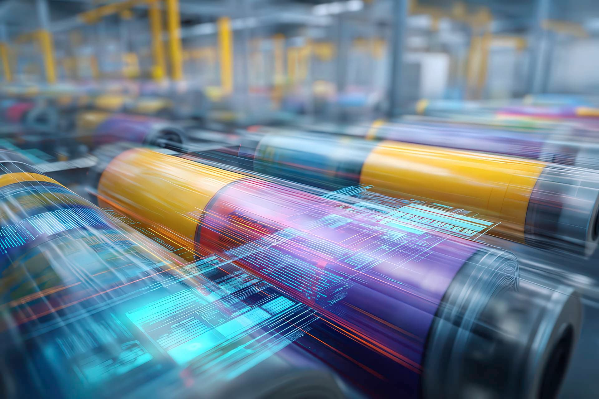 Termini digitali sovrapposti a catene di biopolimeri e bobine di sacchetti compostabili in un ambiente industriale
