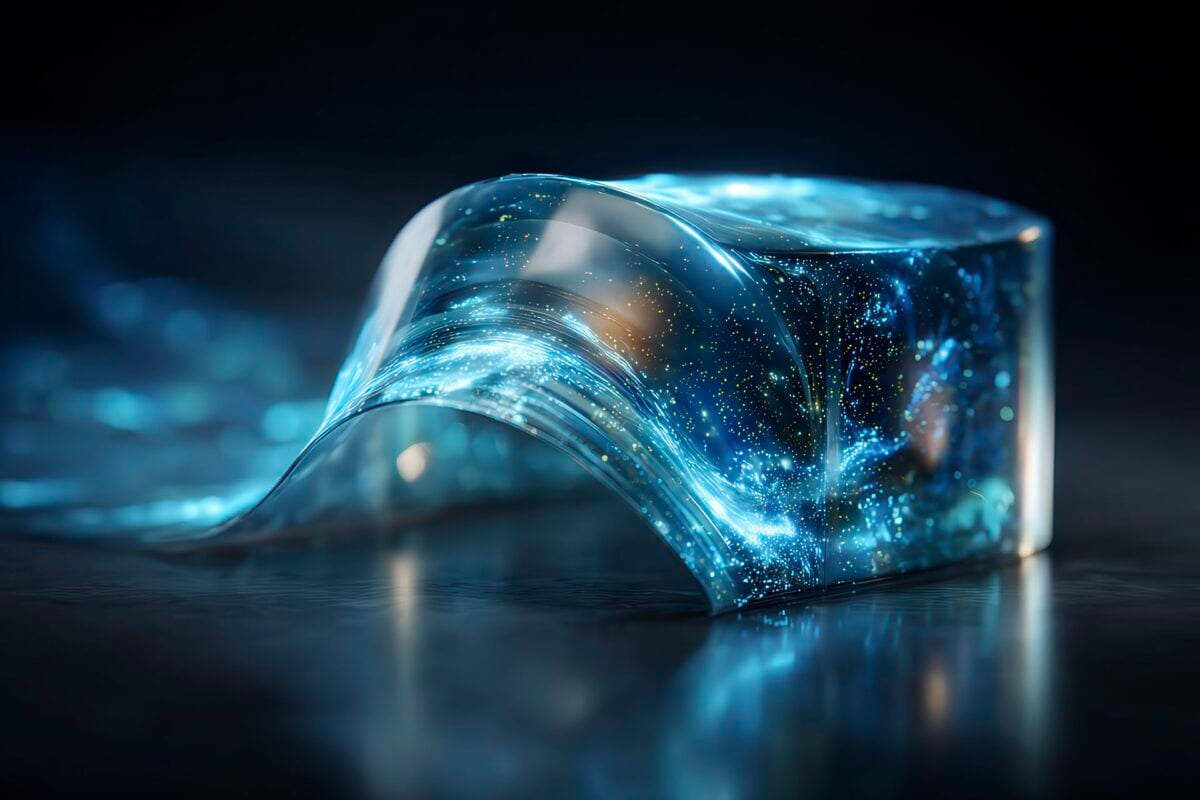 Packaging sostenibile realizzato con bioplastiche compostabili e materiali riciclati, con effetto luminoso blu.