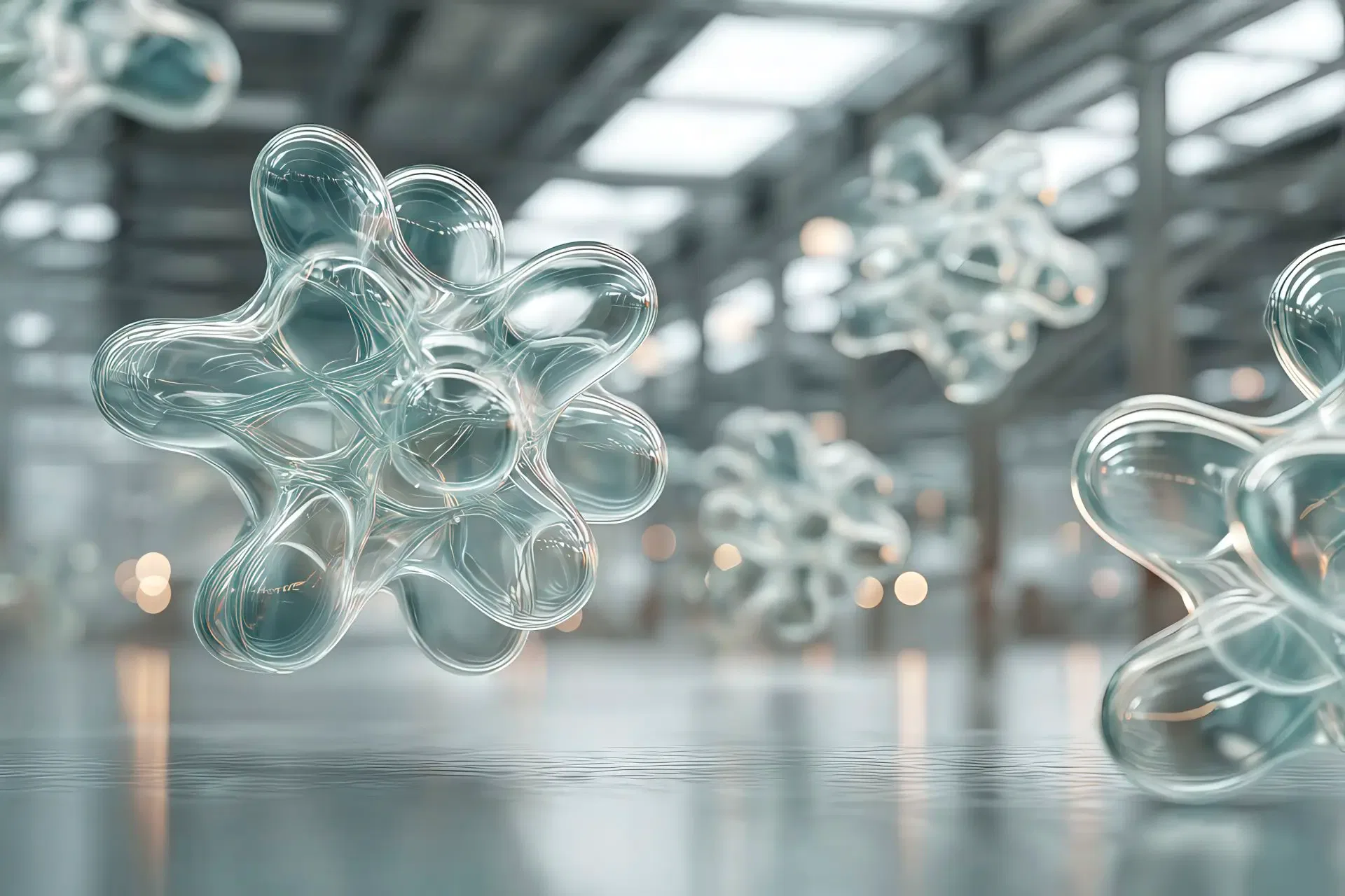 Visuale industriale ispirata ai bandi pubblici finanziati di LPM Packaging, con biopolimeri, packaging sostenibile e ricerca su materiali green