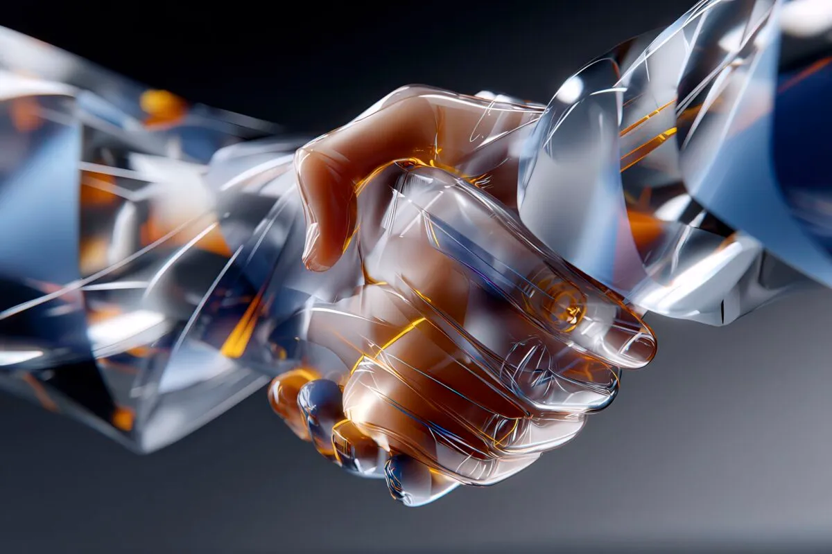 Composizione astratta con livelli in movimento e motivi polimerici, palette blu/ambra