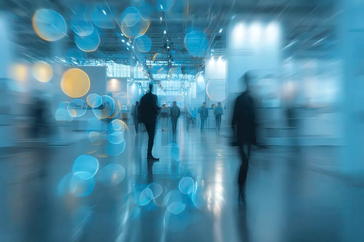 Persone in movimento tra espositori industriali, con effetti grafici di catene polimeriche blu e luce sostenibile