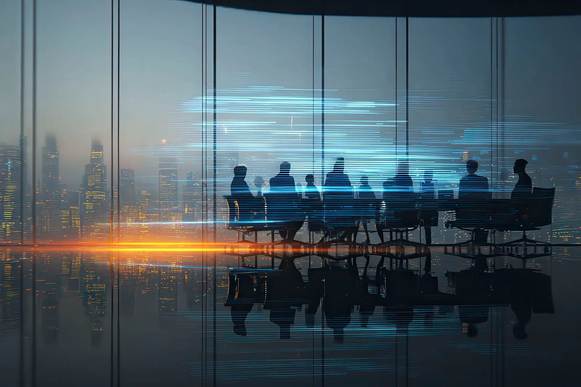 Sala riunioni moderna con timeline luminosa a rappresentare le scelte di LPM PACKAGING