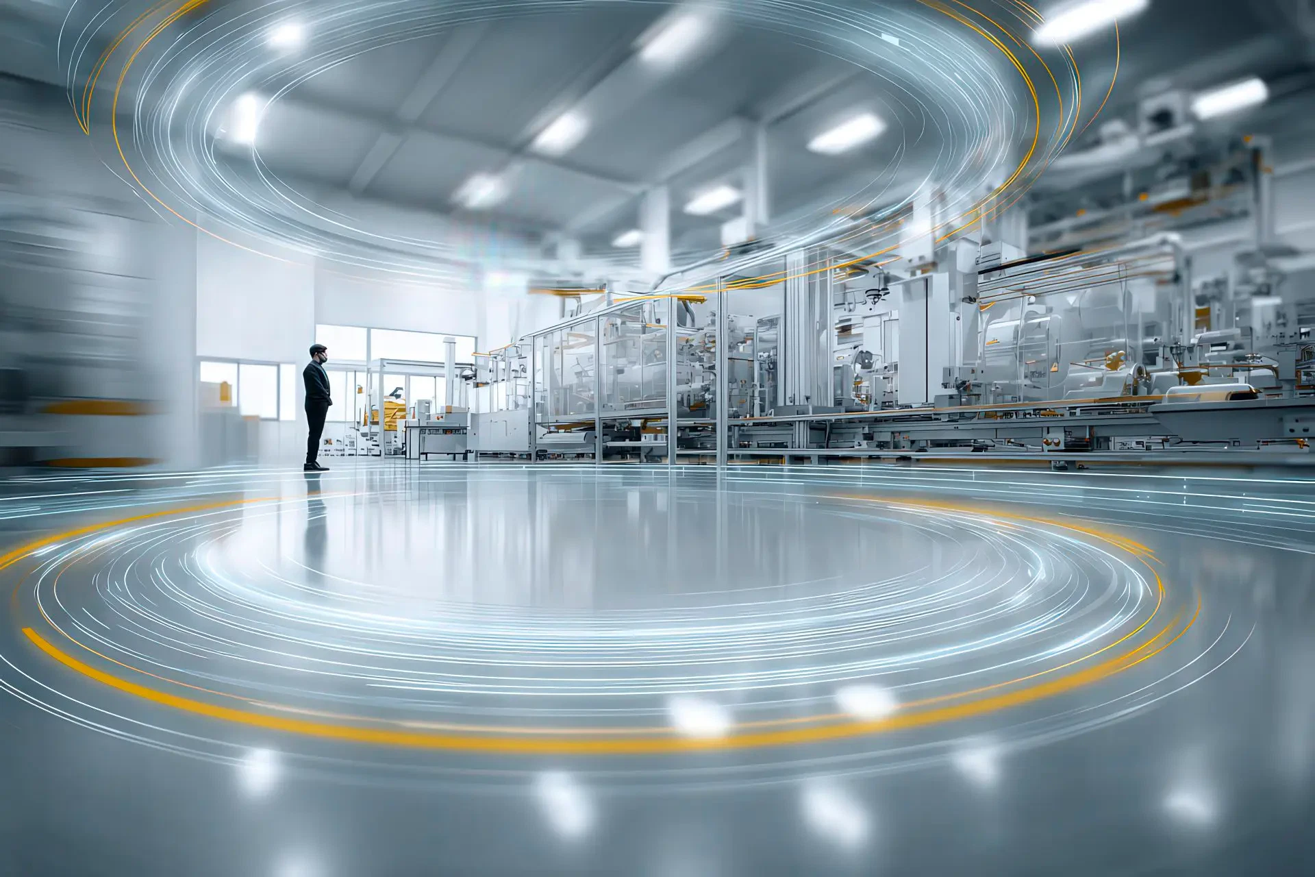 מפעל תעשייתי מודרני לקו-אקסטרוזיה והדפסה פלקסוגרפית עם התייחסויות חזותיות לכלכלה המעגלית.