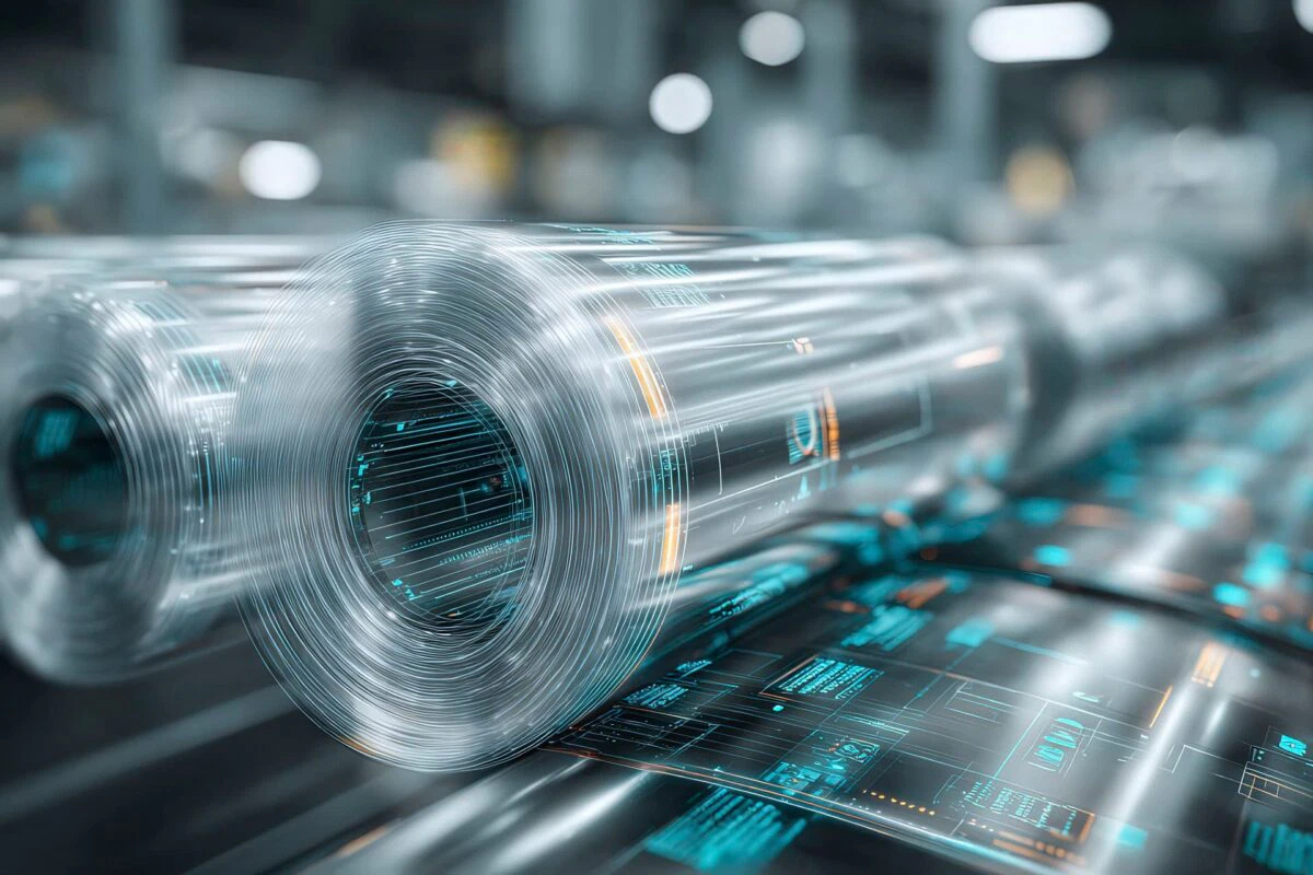 Рулоны упаковочной пленки LPM с накладками, содержащими «политические» элементы, и деталями синего и оранжевого цвета.