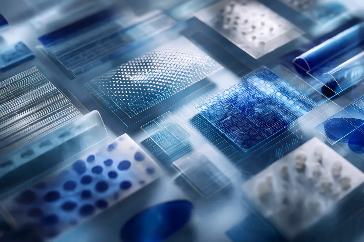 Close-up tecnico di materiali per packaging con overlay progettuali e dettagli rossi LPM PACKAGING