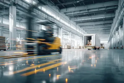 Ĉarelo ŝarĝanta paledojn sur kamionojn en industria magazeno lumigita per natura lumo