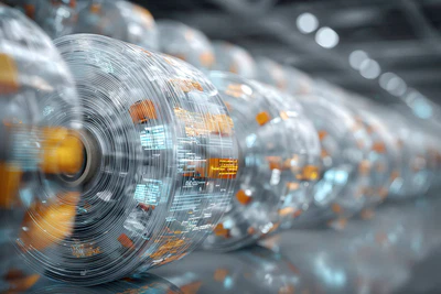 Абстрактная визуализация защиты данных с помощью молекулярных цепей, компостируемых пластиковых катушек и выцветающих данных