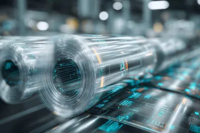 Bobine di film per packaging con sovrapposizioni “policy” e dettagli blu e arancio LPM